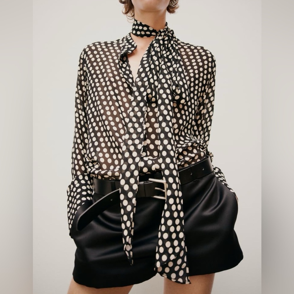 Zara Polka Dot Blouse, Chiffon Bow Tie top, Black and White SZ XL chiffon